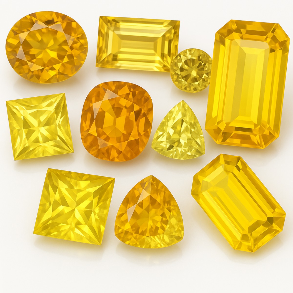 Différentes tailles et tailles de diamants jaunes éthiques de laboratoire, du jaune clair au jaune intense, taillés en coussin, émeraude, rond brillant et autres formes, illustrant la diversité des gemmes précieuses proposées par Laveran Paris en joaillerie écoresponsable.
